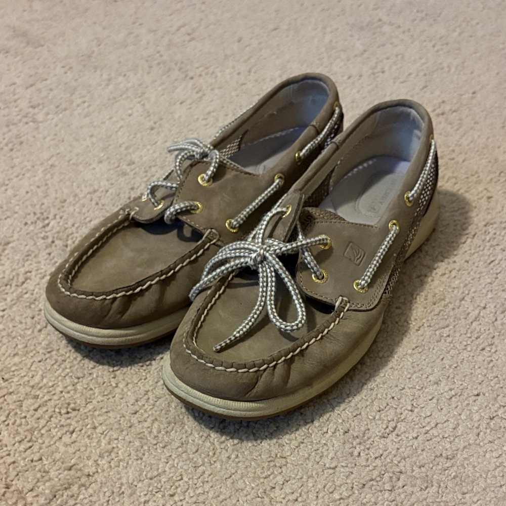 Sperry Tan Boat Shoes with White Accents